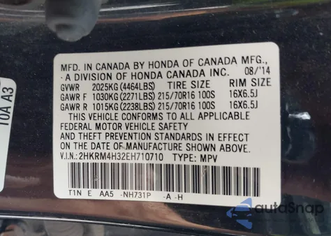 2014 Honda Cr-V Lx z USA, uszkodzony, nr VIN 2HKRM4H32EH710710